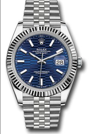 Replica Rolex White Rolesor Datejust 41 Watch 126334 Fluted Bezel Bright Blue Fluted Motif Index Dial Jubilee Bracelet